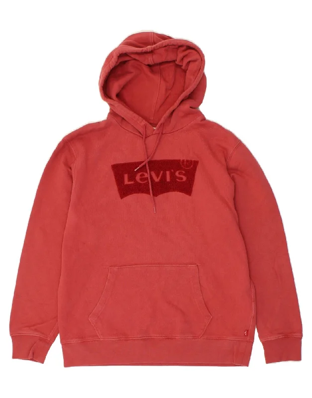 LEVI'S Mens Graphic Hoodie Jumper Medium Red Cotton Hoodie with Puffed Sleeves Voluminous Trendy