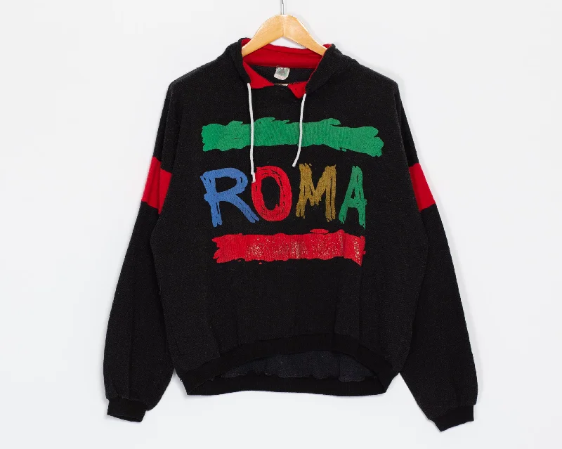 Lrg-XL 80s Roma Italy Drawstring Collar Sweatshirt Hoodie with Color Block Contrast Stylish