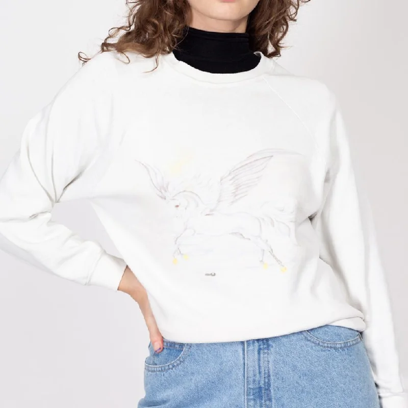 Med-Lrg 90s White Unicorn Faded Airbrush Graphic Sweatshirt Hoodie with Button Classic Timeless Med-Lrg 90s White Unicorn Faded Airbrush Graphic Sweatshirt Hoodie with Button Classic Timeless
