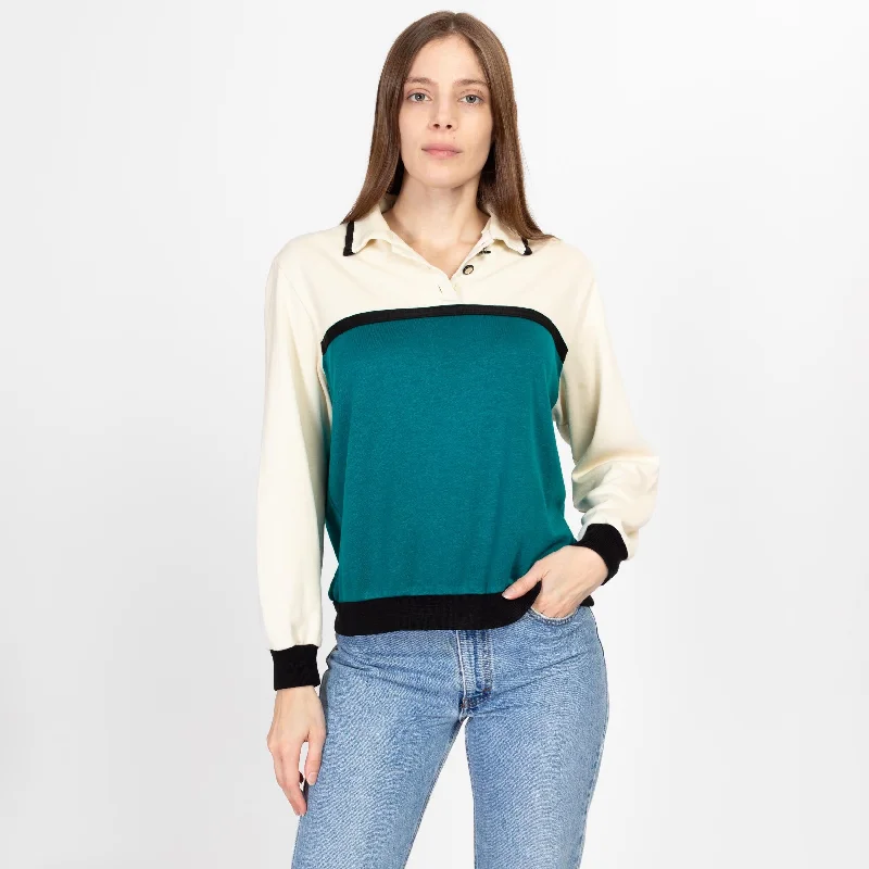 Medium 80s Color Block Collared Sweatshirt Top Hoodie with Ribbed Hem Stretchable Secure Medium 80s Color Block Collared Sweatshirt Top Hoodie with Ribbed Hem Stretchable Secure