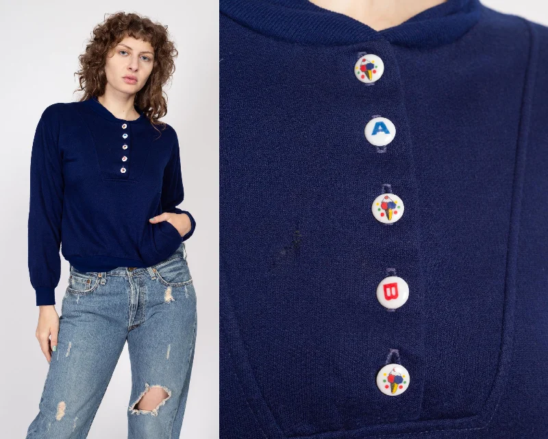 Medium 80s Navy Blue Novelty Button Henley Sweatshirt Hoodie with Hem Elastic Stretchable Comfortable Medium 80s Navy Blue Novelty Button Henley Sweatshirt Hoodie with Hem Elastic Stretchable Comfortable