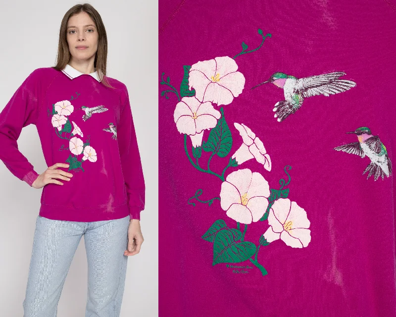 Medium 90s Hummingbird & Flower Collared Sweatshirt Hoodie with Rhinestones Sparkly Elegant