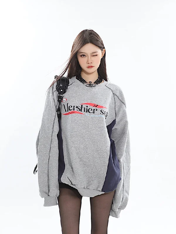 Mershier Graphic Letter Print Contrast Color Round Neck Long Sleeve Sweatshirt Hoodie with Hidden Zipper Minimalist Clean