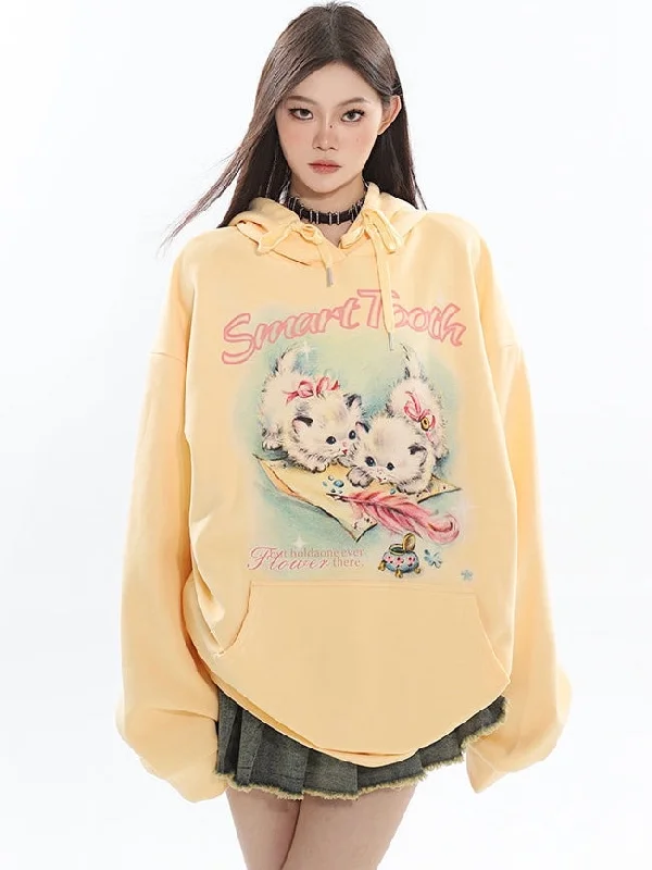 Mielle Solid Color Cute Kitty Print Long Sleeve Hooded Sweatshirt Hoodie with Emblem Brand Identity