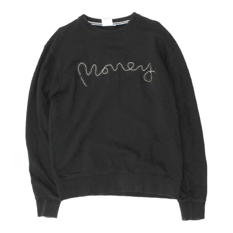 Money Embroidered Spell Out Logo Mens Black Sweatshirt | Designer Streetwear VTG Hoodie with Cropped Fit Short Trendy Money Embroidered Spell Out Logo Mens Black Sweatshirt | Designer Streetwear VTG Hoodie with Cropped Fit Short Trendy