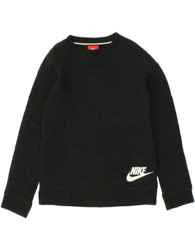 NIKE Girls Sweatshirt Jumper 8-9 Years Small Black Cotton Hoodie with Slit Hem Functional Movement