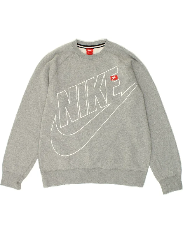 NIKE Mens Graphic Sweatshirt Jumper Large Grey Cotton Hoodie with Button Classic Timeless