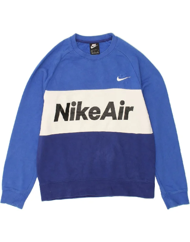 NIKE Mens Graphic Sweatshirt Jumper Small Blue Colourblock Cotton Hoodie with Thumb Holes Functional Cozy