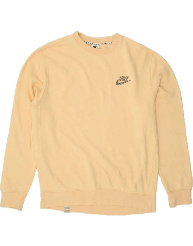 NIKE Mens Sweatshirt Jumper Medium Beige Cotton Hoodie with Hem Contrast Bold Stylish