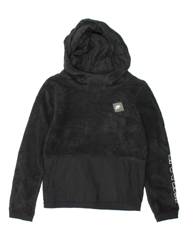 NIKE Womens Graphic Hooded Fleece Jumper UK 14 Large Black Colourblock Hoodie with Emblem Brand Identity