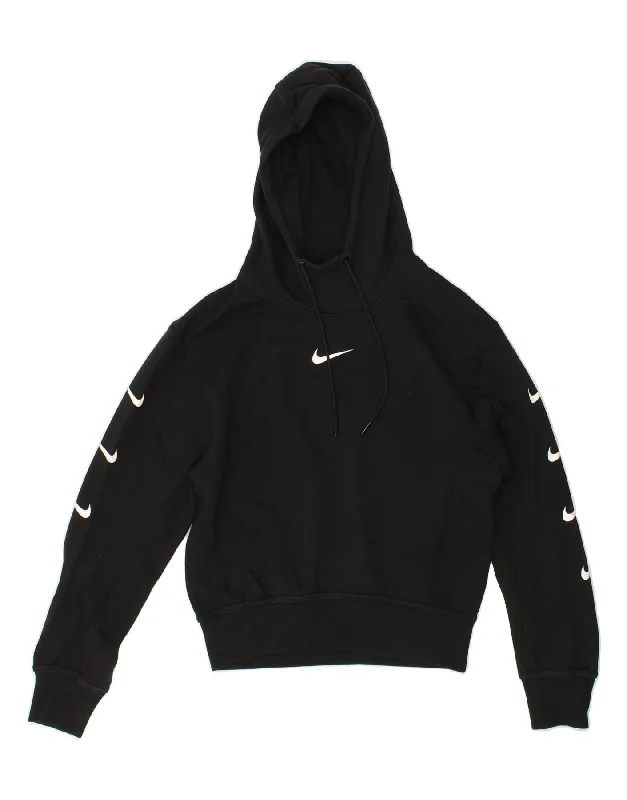 NIKE Womens Graphic Hoodie Jumper UK 10 Small Black Cotton Hoodie with Slim Fit Tailored Modern