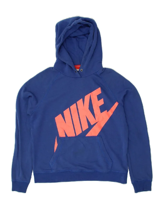 NIKE Womens Graphic Hoodie Jumper UK 14 Medium Navy Blue Cotton Hoodie with Hem Frayed Vintage Worn