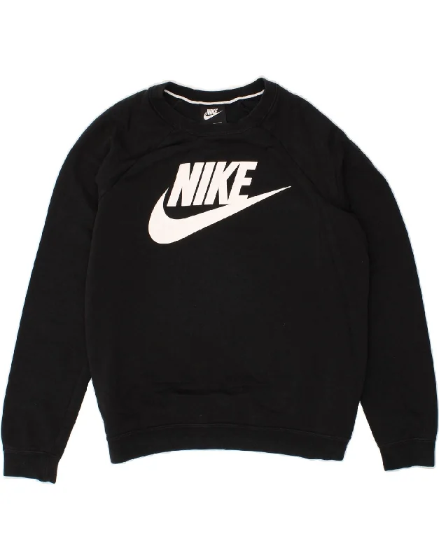 NIKE Womens Graphic Sweatshirt Jumper UK 14 Medium Black Cotton Hoodie with Belted Waist Structured Tailored