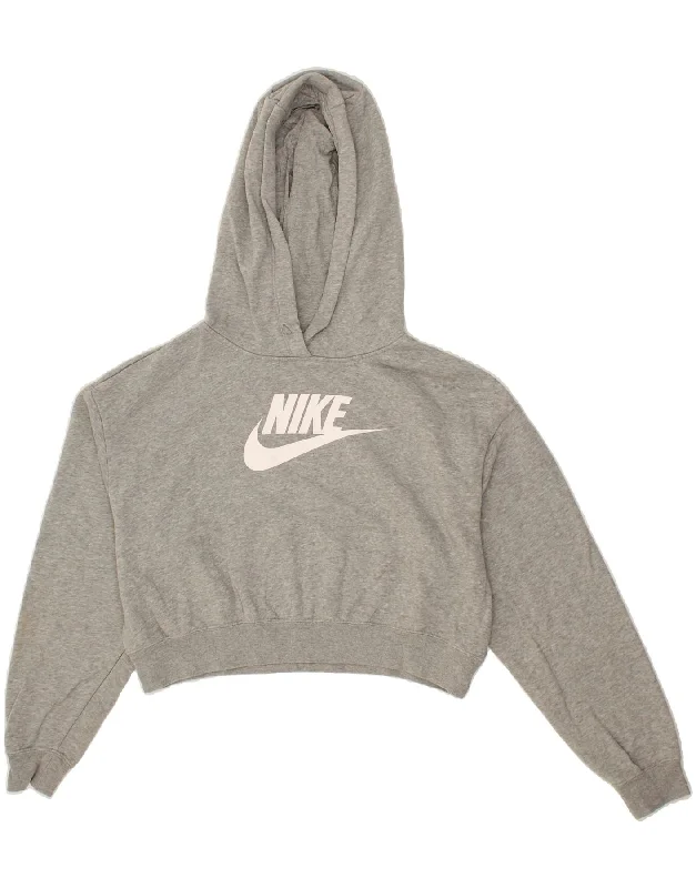 NIKE Womens Oversized Crop Graphic Hoodie Jumper UK 10 Small Grey Cotton Hoodie with Hem Embroidery Detailed Premium NIKE Womens Oversized Crop Graphic Hoodie Jumper UK 10 Small Grey Cotton Hoodie with Hem Embroidery Detailed Premium