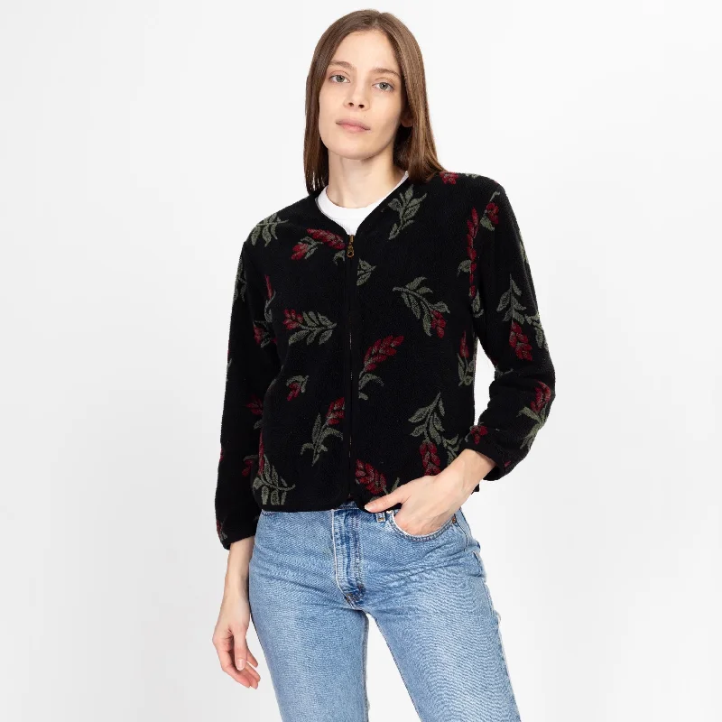 Petite Sm-Med 90s Black Floral Fleece Sweatshirt Hoodie with Belted Waist Structured Tailored Petite Sm-Med 90s Black Floral Fleece Sweatshirt Hoodie with Belted Waist Structured Tailored