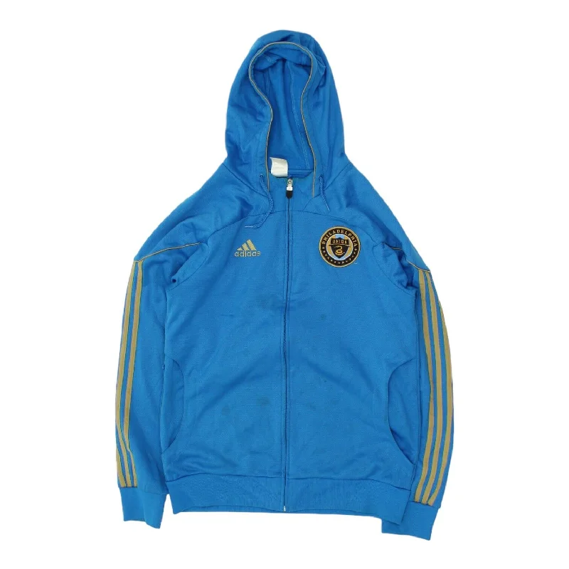 Philadelphia Union 2011 Adidas Mens Blue Full Zip Hoodie | VTG Football MLS Hoodie with Strings Custom Fit Adjustable Philadelphia Union 2011 Adidas Mens Blue Full Zip Hoodie | VTG Football MLS Hoodie with Strings Custom Fit Adjustable