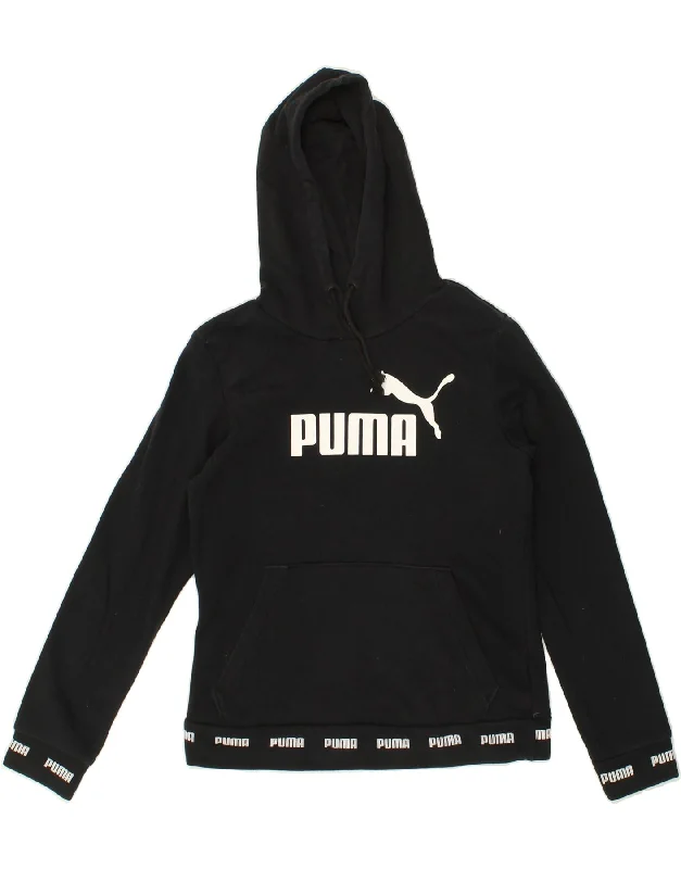 PUMA Womens Graphic Hoodie Jumper UK 10 Small Black Hoodie with Frayed Bohemian Relaxed