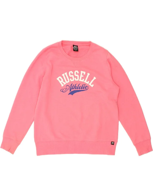 RUSSELL ATHLETIC Womens Graphic Sweatshirt Jumper UK 16 Large Pink Cotton Hoodie with Bell Sleeves Flared Feminine