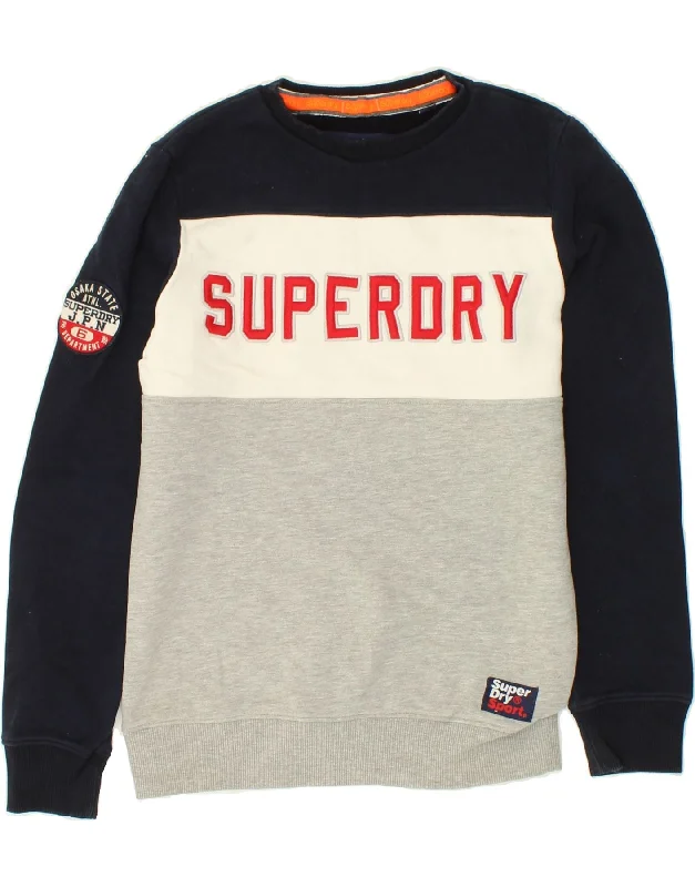 SUPERDRY Mens Graphic Sweatshirt Jumper Small Grey Colourblock Cotton Hoodie with Metallic Shiny Futuristic