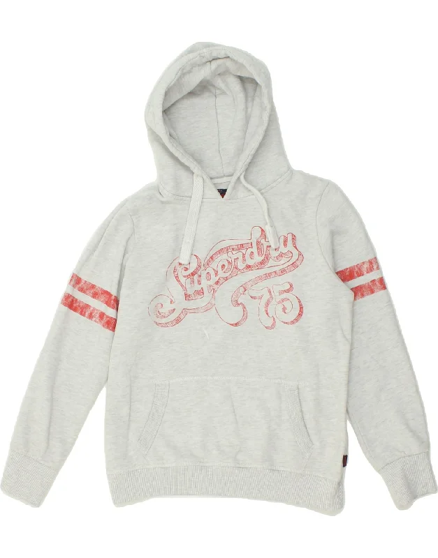 SUPERDRY Womens Graphic Hoodie Jumper UK 14 Medium Grey Cotton Hoodie with Mesh Breathable Sporty