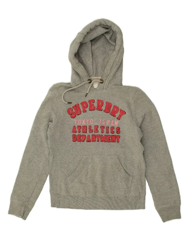 SUPERDRY Womens Graphic Hoodie Jumper UK 16 Large Grey Cotton Hoodie with Drawstring Waist Adjustable Fitted