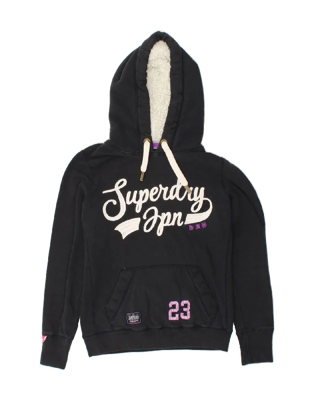 SUPERDRY Womens Graphic Hoodie Jumper UK 16 Large Navy Blue Hoodie with Patch Decorative Personalized