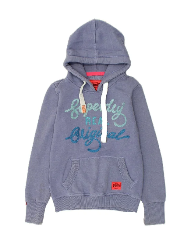 SUPERDRY Womens Graphic Hoodie Jumper UK 6 XS Blue Cotton Hoodie with Zipper Placket Modern Functional