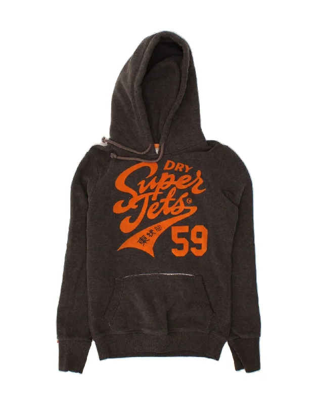 SUPERDRY Womens Loose Fit Graphic Hoodie Jumper UK 6 XS Grey Cotton Hoodie with Strings Custom Fit Adjustable