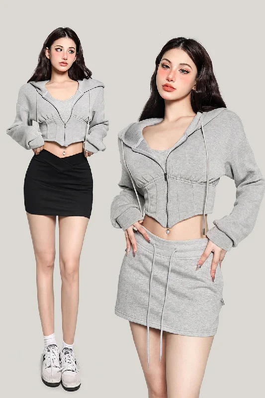 Viola Solid Color Gray Cropped Zip Up Long Sleeve Hoodie Hoodie with Cuffed Sleeves Snug Secure