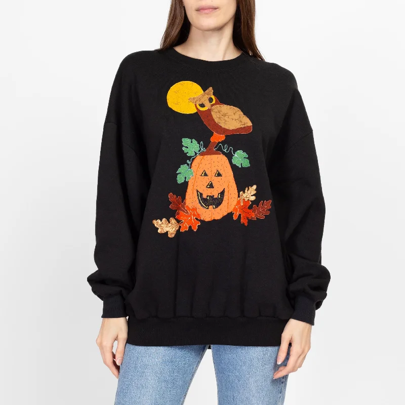 XL 90s Halloween Jack-O-Lantern & Owl Sweatshirt Unisex Hoodie with Hem Detail Decorative Unique XL 90s Halloween Jack-O-Lantern & Owl Sweatshirt Unisex Hoodie with Hem Detail Decorative Unique