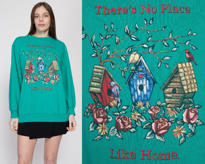 XL 90s "There's No Place Like Home" Birdhouse Sweatshirt Hoodie with Puffed Sleeves Voluminous Trendy