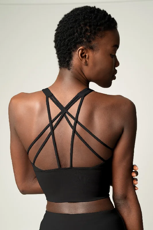 3 for $49! Black Kelly Multi-Strap Back Long Line Padded Sports Bra - Women Comfortable Bralette Style
