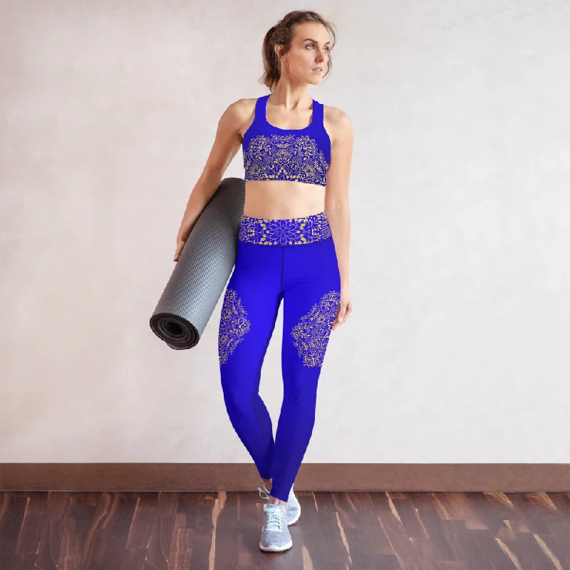 Blue and Gold Mandala Padded Sports Bra Stretchy Wireless Bra