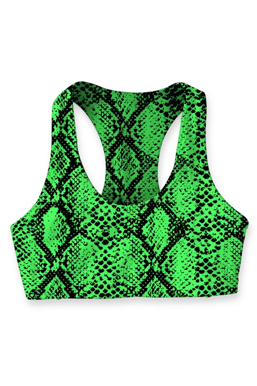 Snake Skin Neon Green Stella Seamless Racerback Sport Yoga Bra - Women Full Support Bra