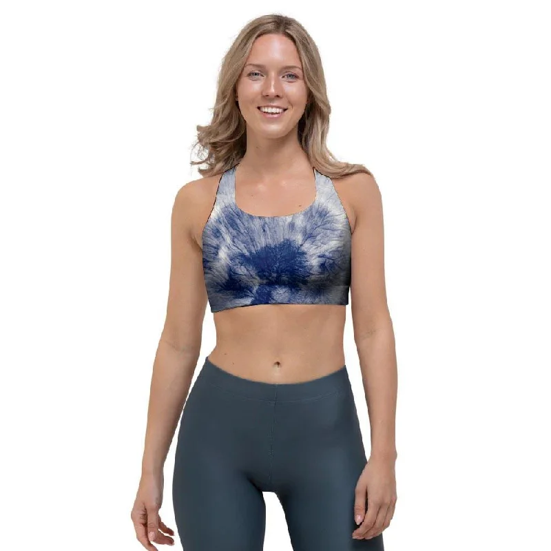 Spiral Blue Swirl Tie Die Sports Bra Sexy Mesh Bra