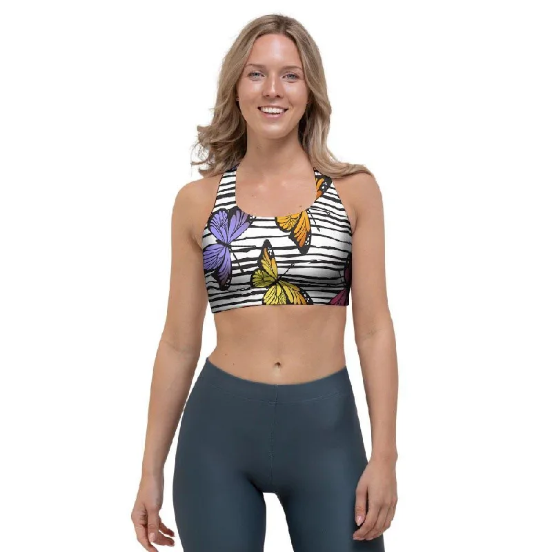 Striped Butterfly Print Sports Bra Lightly Padded Bra