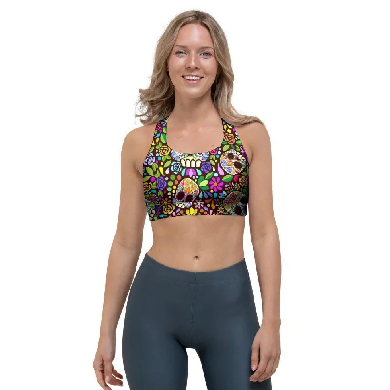 Sugar Skull Mexican Floral Sports Bra Minimalist Wireless Bra