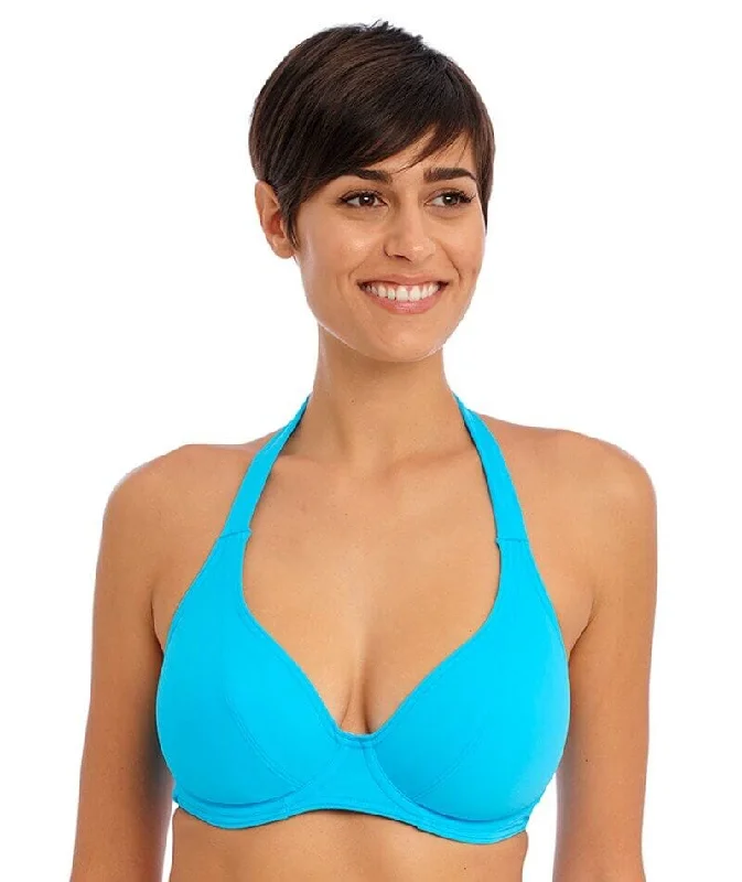 Freya Swim Jewel Cove Underwire Banded Halter Bikini Top - Plain Turquoise Sporty Racerback Swimsuit