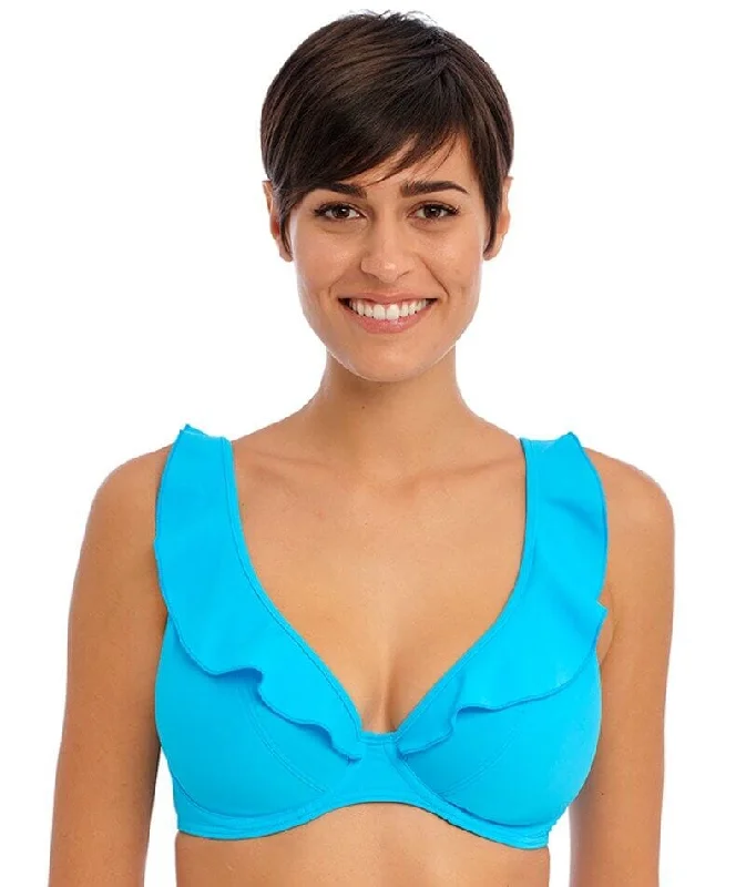 Freya Swim Jewel Cove Underwire High Apex Bikini Top - Plain Turquoise Crisscross Back Swimsuit