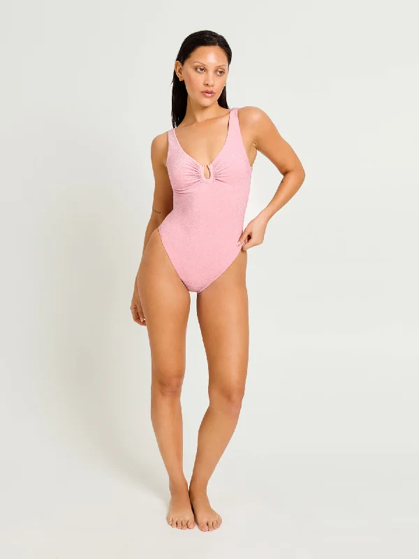 Swimwear Shimmer V Neck One Piece Light-Moderate Peony Pink Halter Top Bikini