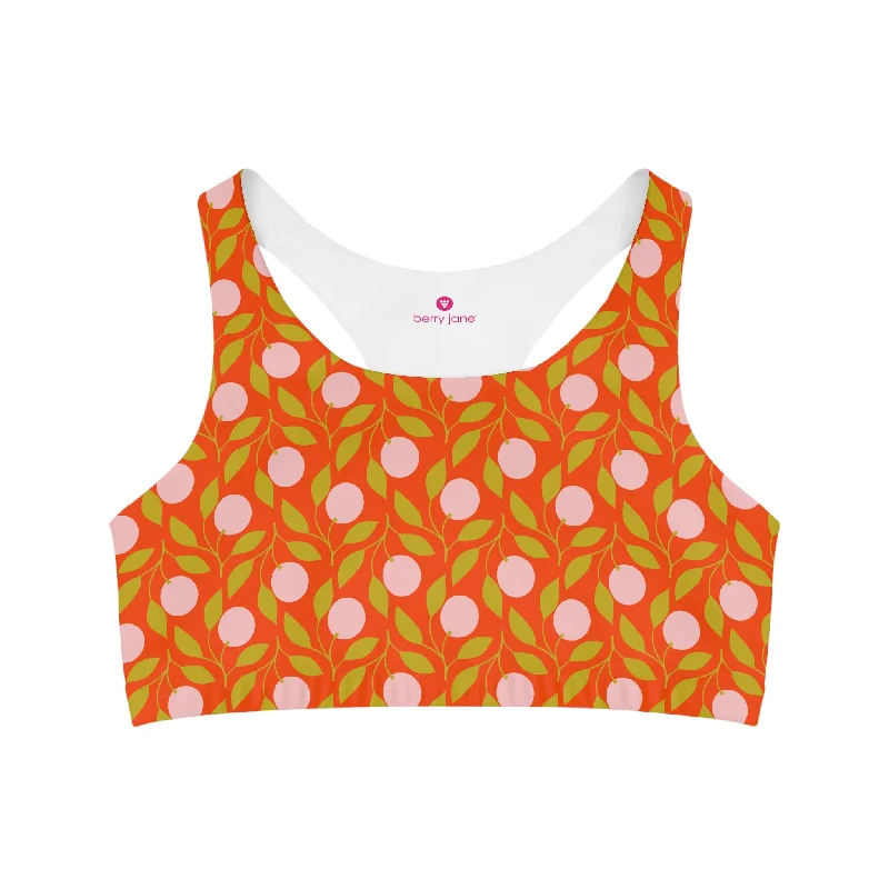 UPF Seamless Sports Bra, Swim Top - Orange Mod Bohemian Floral Classic Monokini Design