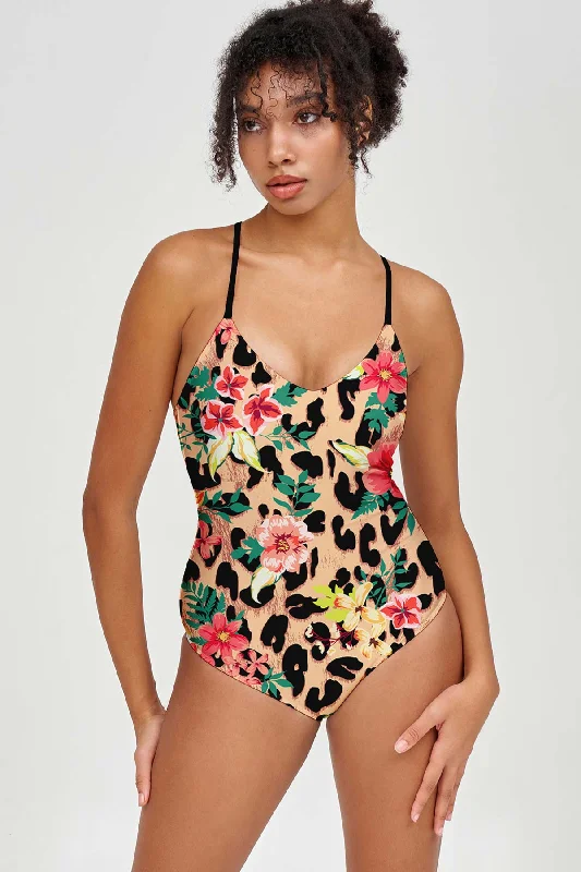 Wild & Free Nikki Brown Floral Animal Print One-Piece Swimsuit - Women Sexy Cutout Swimsuit