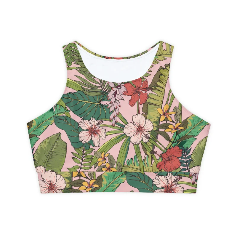 Women's Padded Swim Sports Bra, Vintage Tropical Floral Stylish Beachwear Set