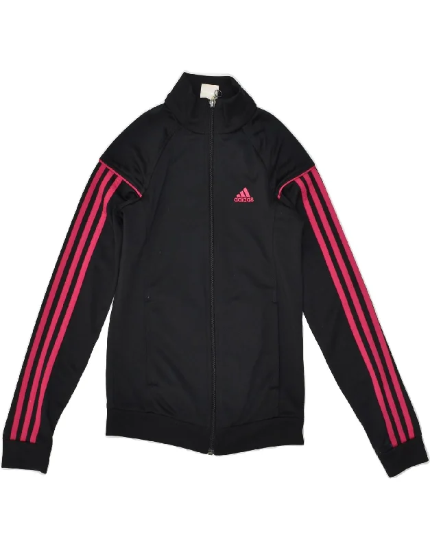 ADIDAS Womens Graphic Tracksuit Top Jacket UK 0-2 2XS Black Polyester Hooded Jacket Caped Jacket Shawl Collar Jacket