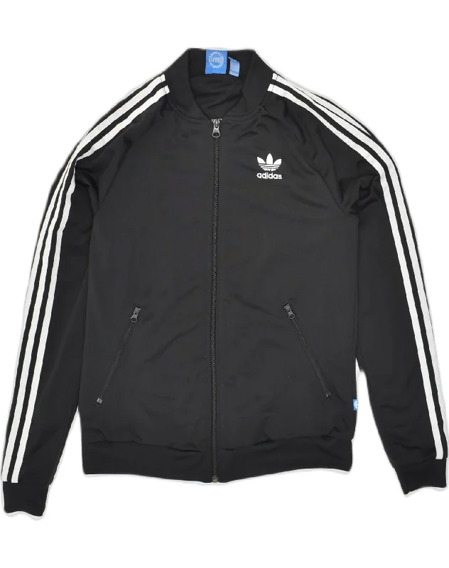 ADIDAS Womens Graphic Tracksuit Top Jacket UK 10 Small Black Polyester Knit Fabric Woven Fabric Fleece Fabric