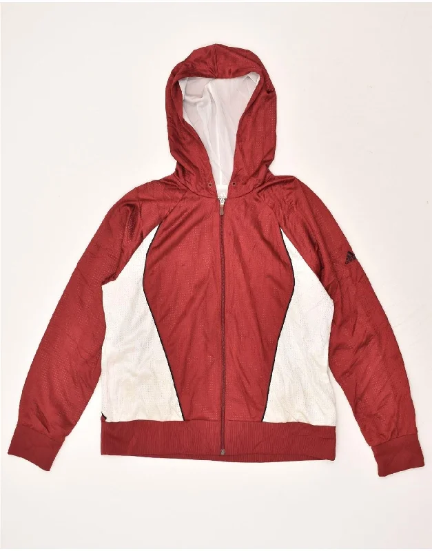 ADIDAS Womens Hooded Tracksuit Top Jacket UK 22 XL Red Colourblock Trench Coat Raincoat Waterproof Jacket