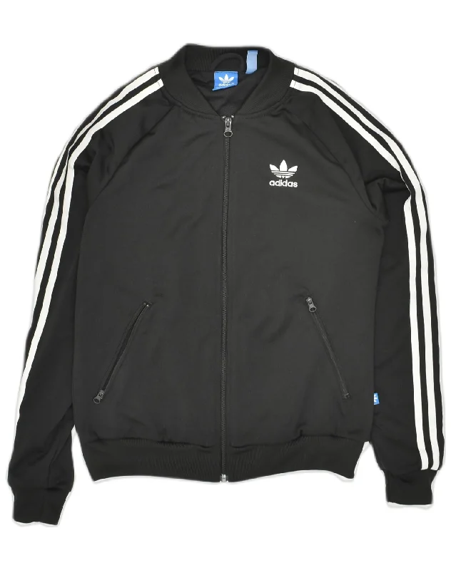 ADIDAS Womens Tracksuit Top Jacket UK 8 Small Black Polyester Zippered Front Buttoned Front Snap Front