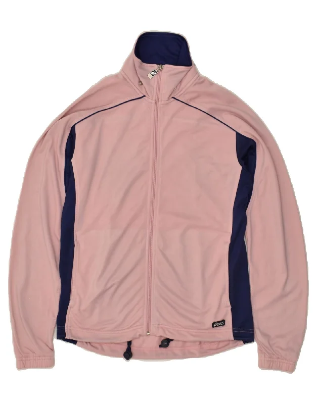 ASICS Womens Tracksuit Top Jacket UK 10 Small Pink Striped Polyester Cotton Fabric Linen Fabric Terry Fabric