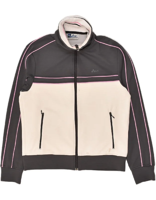 ASICS Womens Tracksuit Top Jacket UK 14 Large Grey Colourblock Polyamide Cotton Jacket Linen Jacket Terry Jacket
