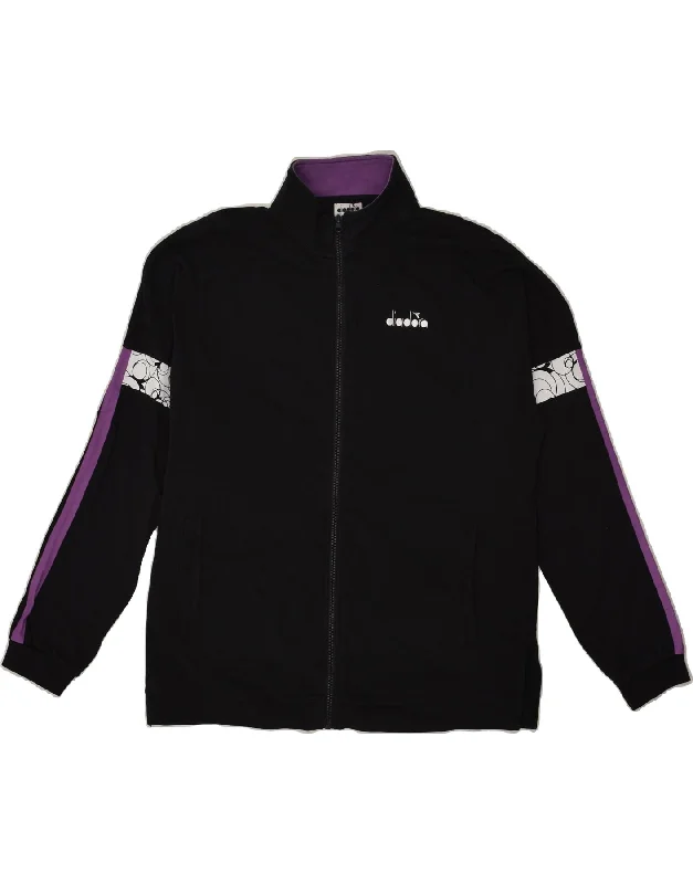 DIADORA Womens Tracksuit Top Jacket UK 18 XL Black Cotton Print Jacket Jacquard Jacket Embroidered Jacket